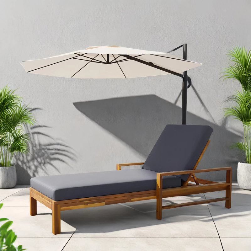 Outdoor Solid Wood Chaise Lounge With Cushion, Gray