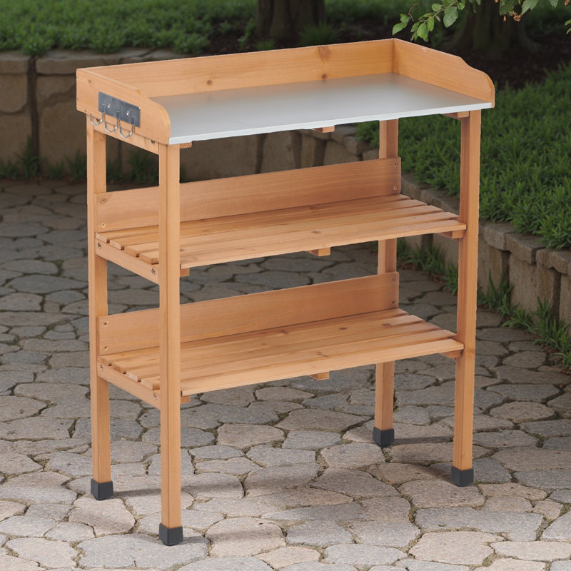 Table de rempotage en bois massif de 30 po avec plateau en métal et établi à 3 niveaux pour un jardinage sans effort