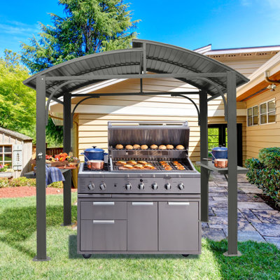 Tente de gril d'extérieur pour terrasse en arc 8 x 5 pi - Toit en acier galvanisé double, tablettes latérales, abri de jardin pour patio, jardin de pergola grise 2