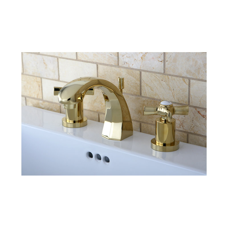 Kingston Brass Millennium Two-Handle 3-Hole Deck Mount Widespread Bathroom Faucet with Brass Pop-Up Drain, Polished Brass