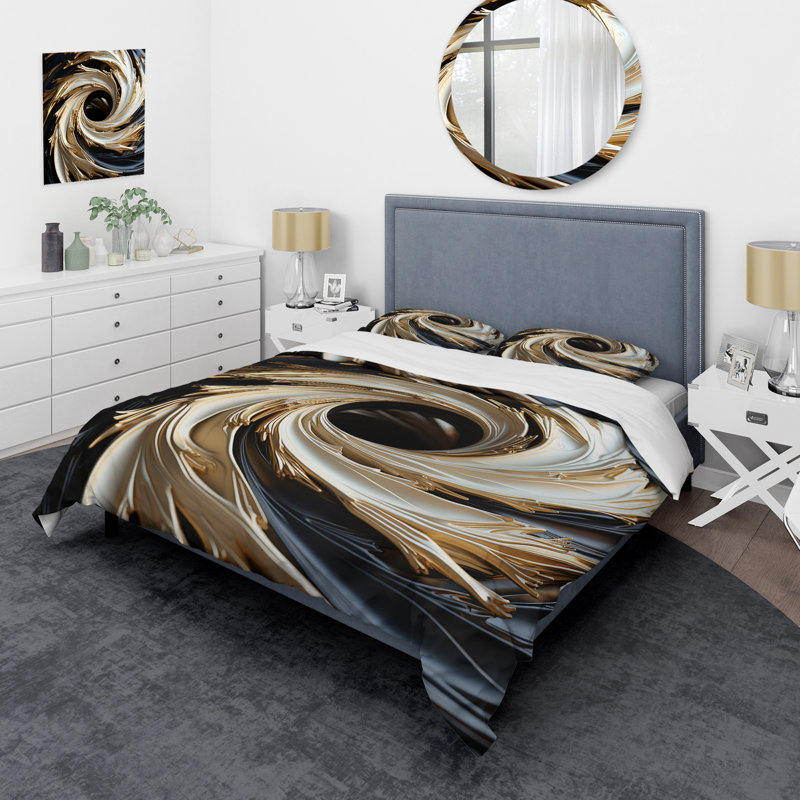 Ensemble de housse de couette en spirale abstraite blanche et dorée - Abstract Spirals, Housse de couette pour grand lit