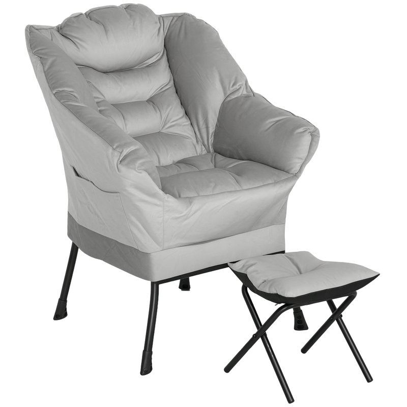 Modern Lazy Chair with Ottoman, Fabric Lounge Accent Chair, Leisure Sofa Armchair with Armrests, Side Pockets, Upholstered Reading Chair and Footstool Set for Living Room, Bedroom