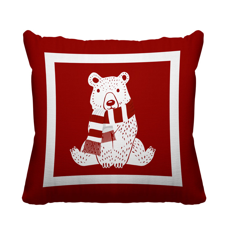 Coussin intérieur / extérieur Folk Christmas Bear, Rouge, L 15 po x H 15 po