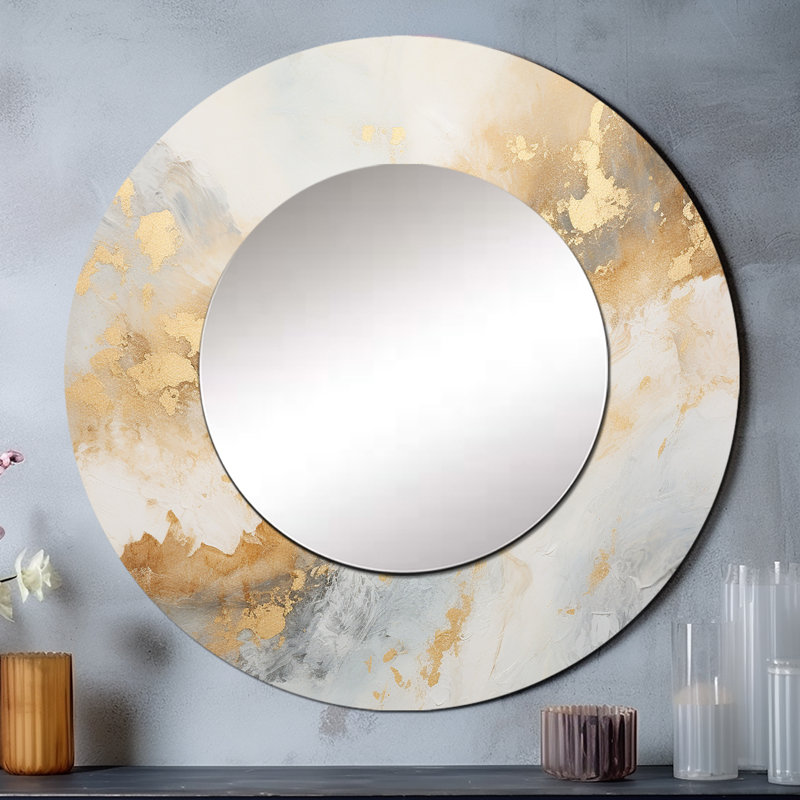 Gold And White Magic Marble Geode III - Abstract Marble Round Mirror Wall Decor, 29" x 29", Round
