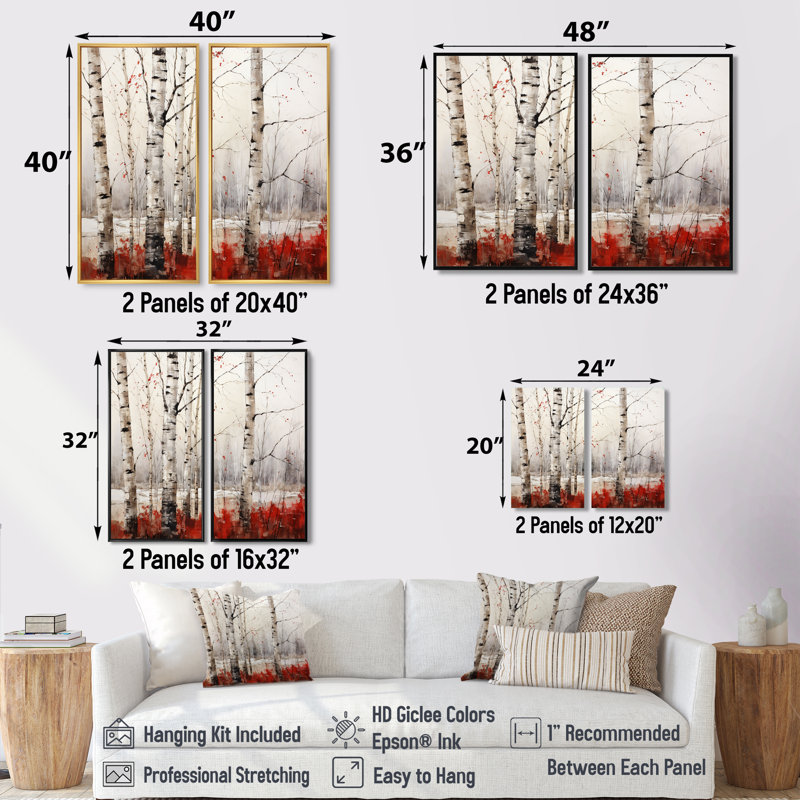Bois de bouleau blanc et rouge en hiver II - impressions sur toile rouges, H 36 po x l 48 po, Noir