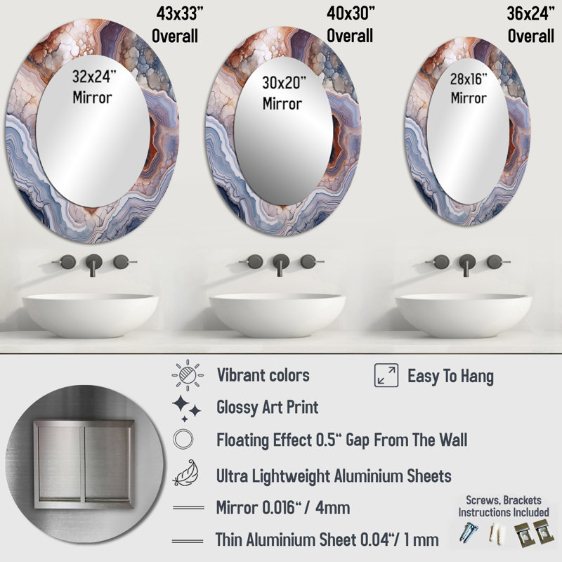 Miroir mural ovale moderne Stone Geode, H 40 po x l 30 po