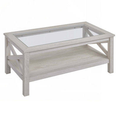 Espinet Traditional Coffee Table With Wood Frame, Tempered Glass Tabletop And Underneath Storage Shelf