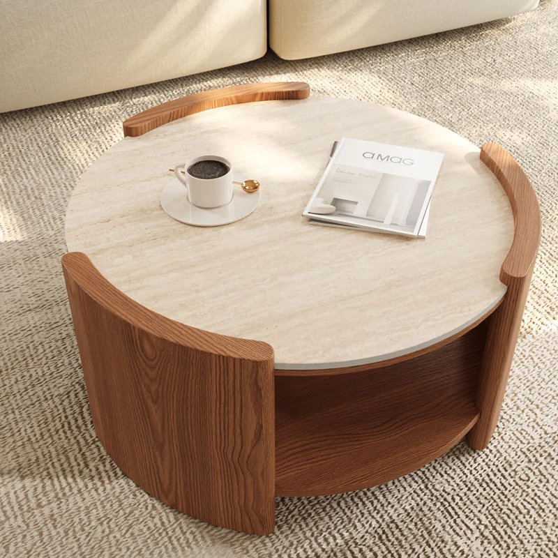 Table basse ronde en pierre frittée avec tablette de rangement, Brun, H 15 po x L 39 po x l 39 po, Beige clair