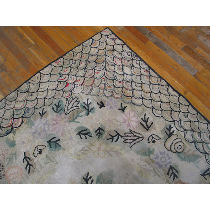 Ivory Antique Artistic American Folk Art Hooked Cotton Rug