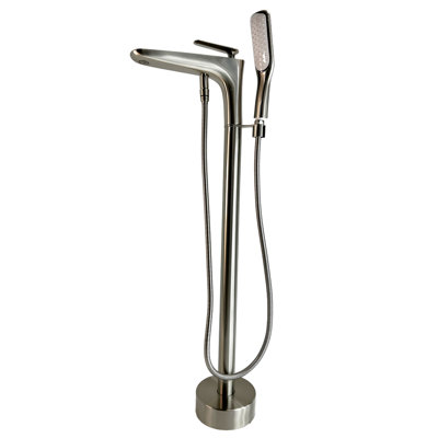 Robinet de baignoire autoportant à fixation au sol avec douche à main Pluto - Nickel brossé