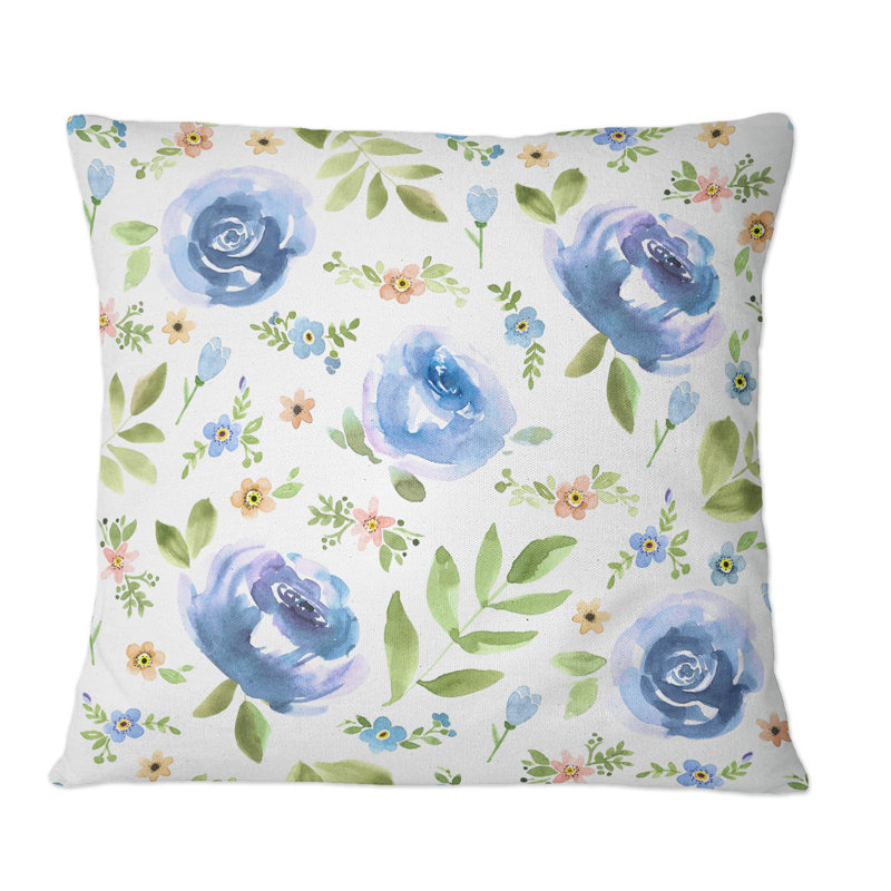 Blue Roses And Forget-Me-Not - Coussin décoratif imprimé traditionnel, 18 po x 18 po