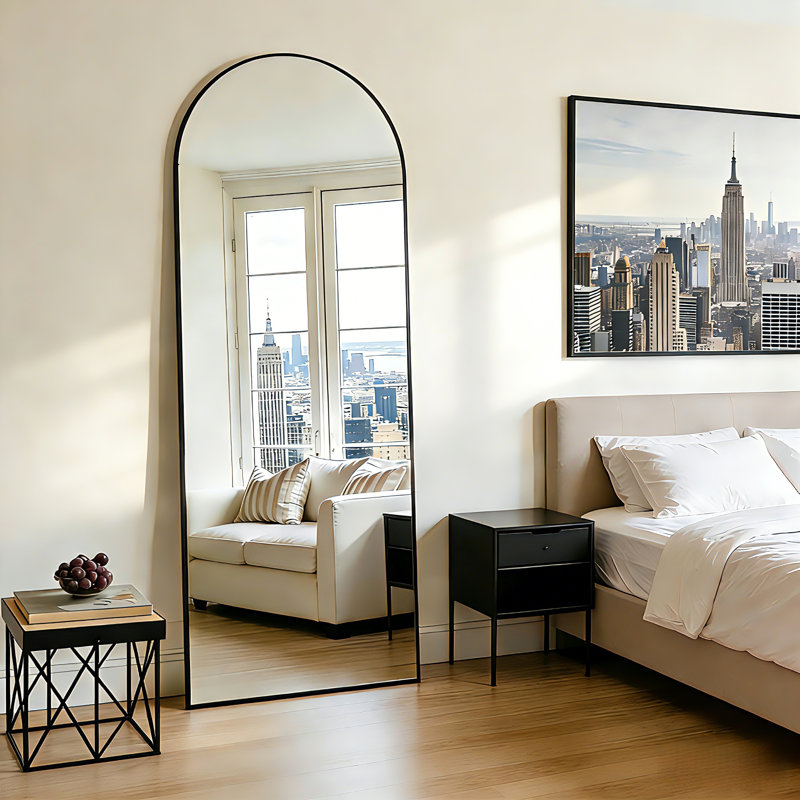 Oversized Arch Floor Mirror with Stand, Wall Mirror, Matte Black, 64" x 24"