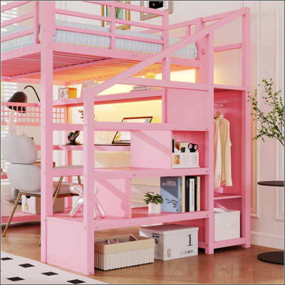 Lit mezzanine double en métal avec escalier, garde-robe, bureau, tablettes de rangement, lumières DEL et station de charge