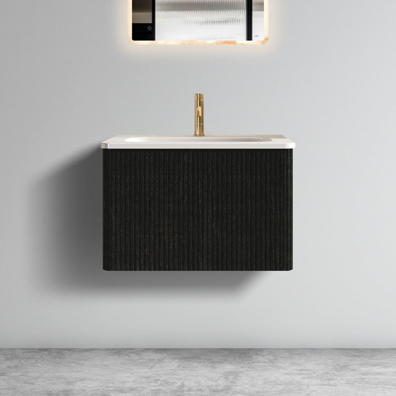 24" Bathroom Vanity With Striped Black Oak & White Ceramic Sink - Value For Money Oak, Fascination, 24", Black