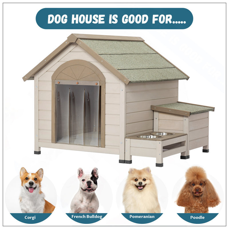 Niche pour chien en bois de sapin résistante aux intempéries avec toit ouvert, rangement et station d'alimentation surélevée pour petits et moyens chiens