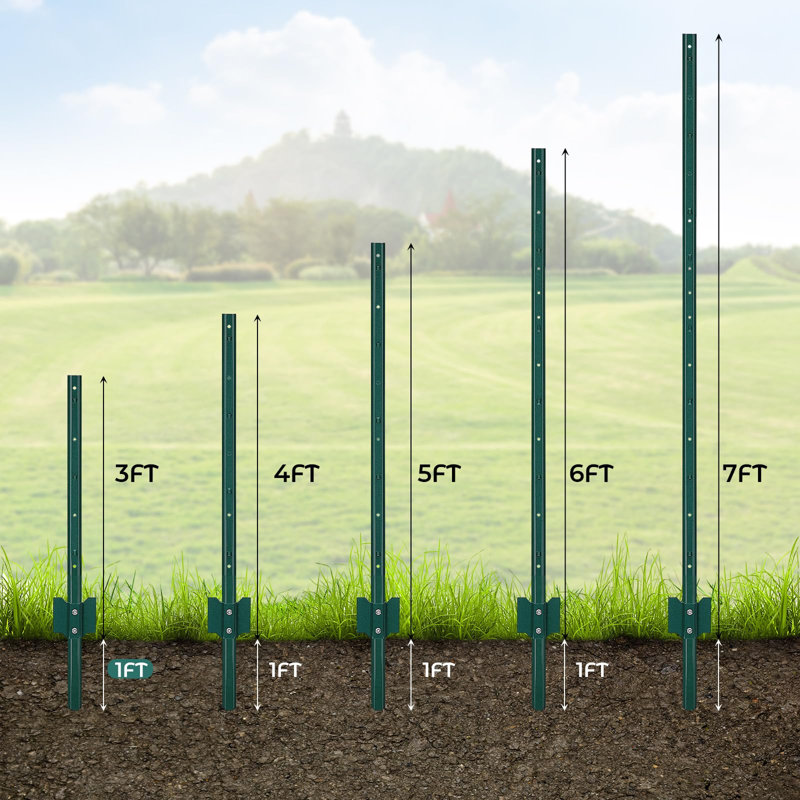Poteaux de clôture en métal robustes en U pour le jardin et la ferme - Piquets en acier antirouille verts, résistants aux rayons UV et à la corrosion, sans creusage, faciles à installer pour les clôtures métalliques et électriques - 7 pi, paquet de 6
