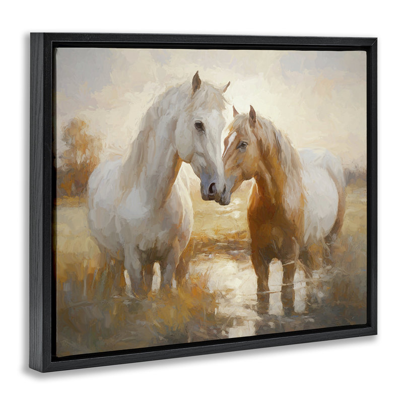 Horse Pair in River Gold Framed Floater Canvas Wall Art by Ramona Murdock, 17" H x 21" W, Jet Black Floater Frame