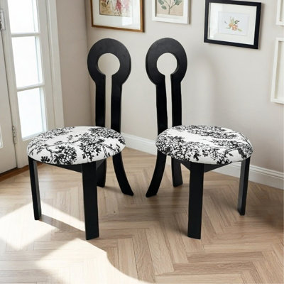 Ensemble de 2 chaises de salle à manger Key-Design - Chaises de salle à manger rembourrées en bois massif avec coussin rond blanc et texture de grain de bois distinctif pour la salle à manger de cuisine (noir)