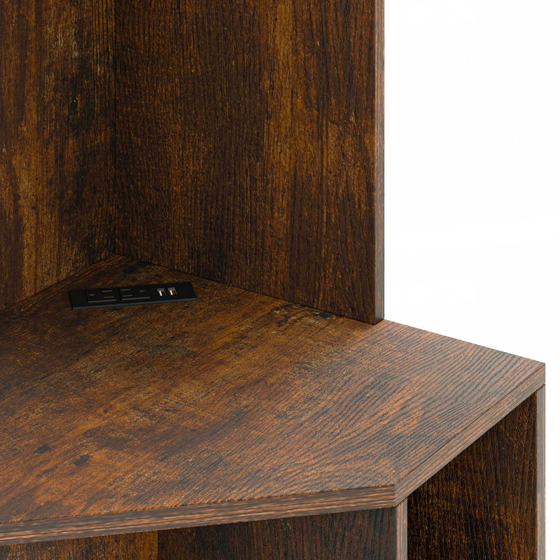 Edrosie Inc 5-Tier Corner Shelf With USB Ports & Outlets, Corner Bookshelf Storage Cabinet With 12 Cubby Spaces, Brown