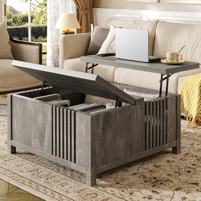 Table basse à plateau relevable avec rangement Farmhouse, grande table basse carrée de 35 po avec compartiment caché, table centrale en bois rustique pour le salon, chêne gris