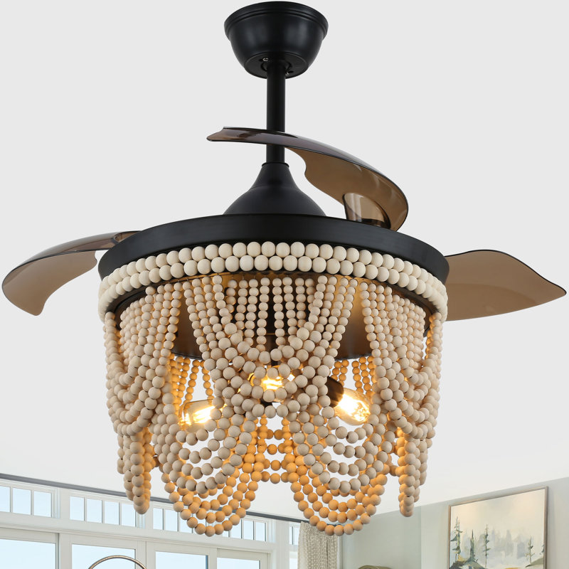 Dayzhane 42 Inch Farmhouse Boho Retractable Ceiling Fan with Light, 6-Speed Wood Beaded Ceiling Fan with Remote Control