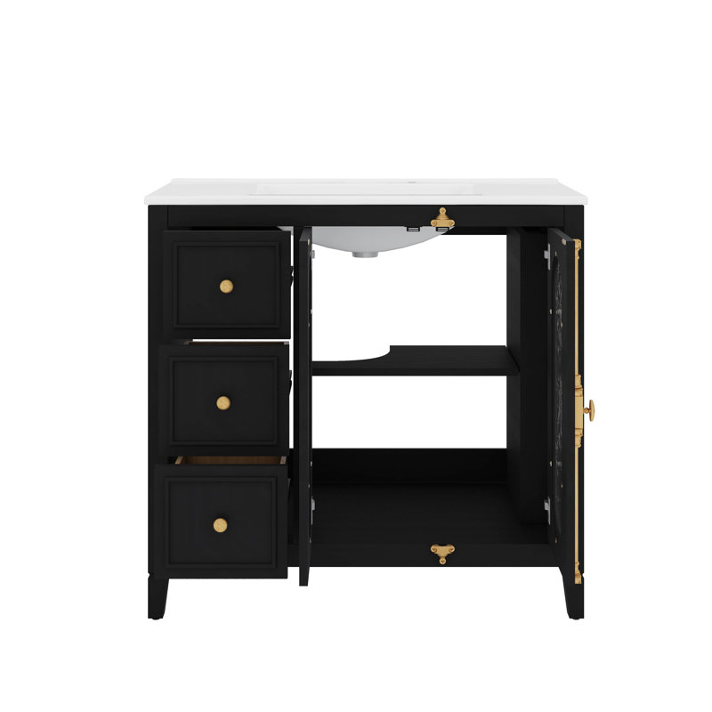 Meuble-lavabo de 36 pouces avec lavabo en céramique, armoire de rangement pour salle de bain avec 3 tiroirs, 2 portes et 2 tablettes latérales ouvertes