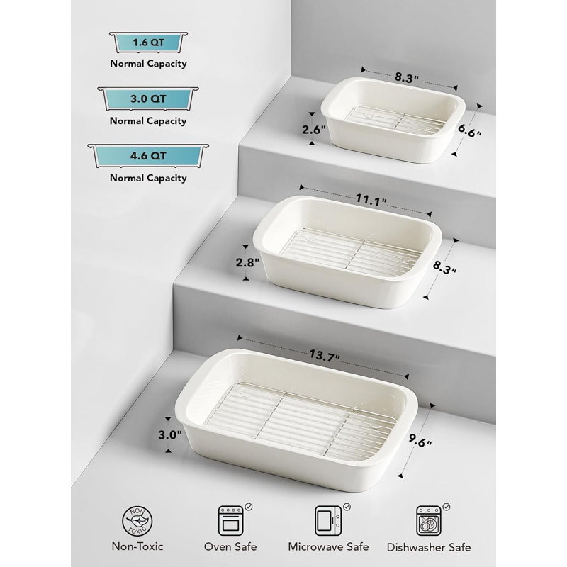 Deep Casserole Dishes For Oven, 13.7”X9.6” Ceramic Baking Dish Set With Roasting Racks, Large Lasagna Pans With Handles, Rectangular Bakeware As Gift, White (4.6QT/3.0QT/1.6QT), Set Of 3