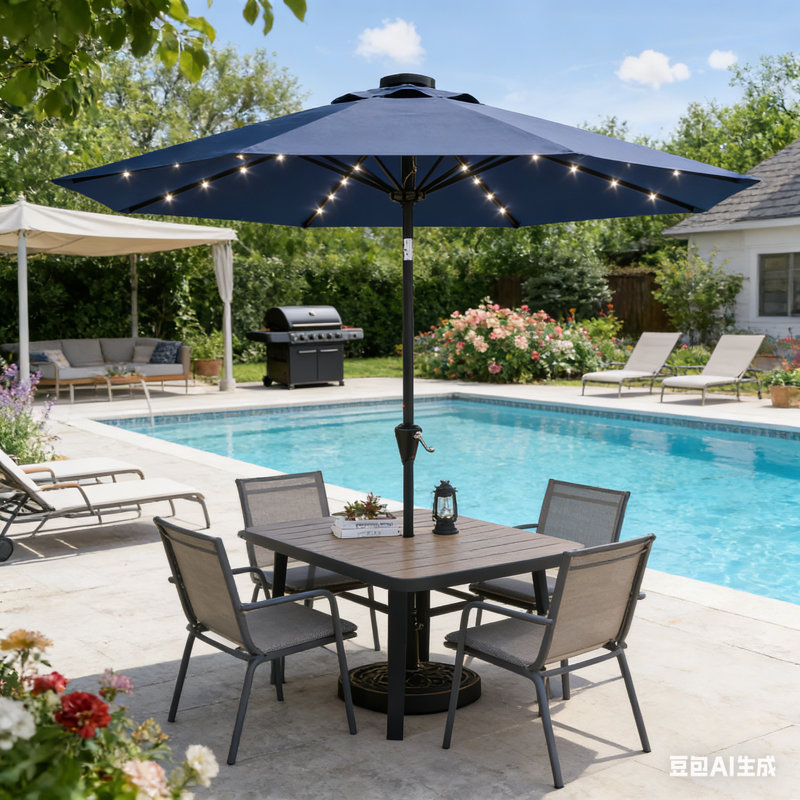 Parasol solaire 9 pi avec 32 lumières DEL pour piscine, terrasse, jardin et jardin 9 pi