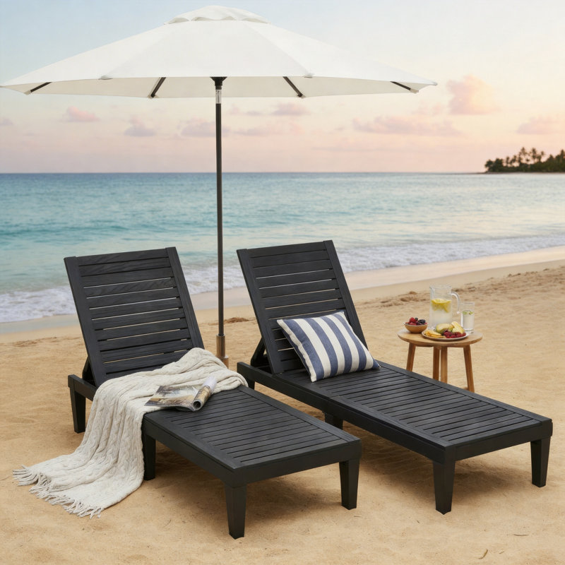 Black Outdoor Lounge Chair Set (Two Pieces), 5-Position Adjustable Sunbathing Lounge Chair, Waterproof, Lightweight, Suitable For Lawns And Poolside Relaxation.