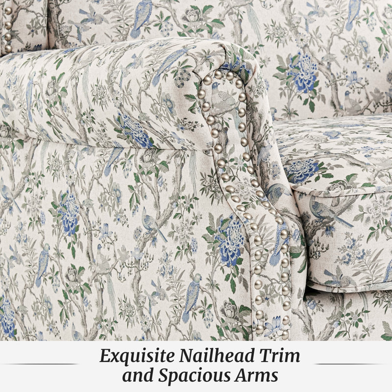 Fauteuil d'appoint à oreilles Chloris, fauteuil rembourré en lin avec garniture cloutée, pieds en bois massif tourné, fauteuil de lecture de style maison de campagne