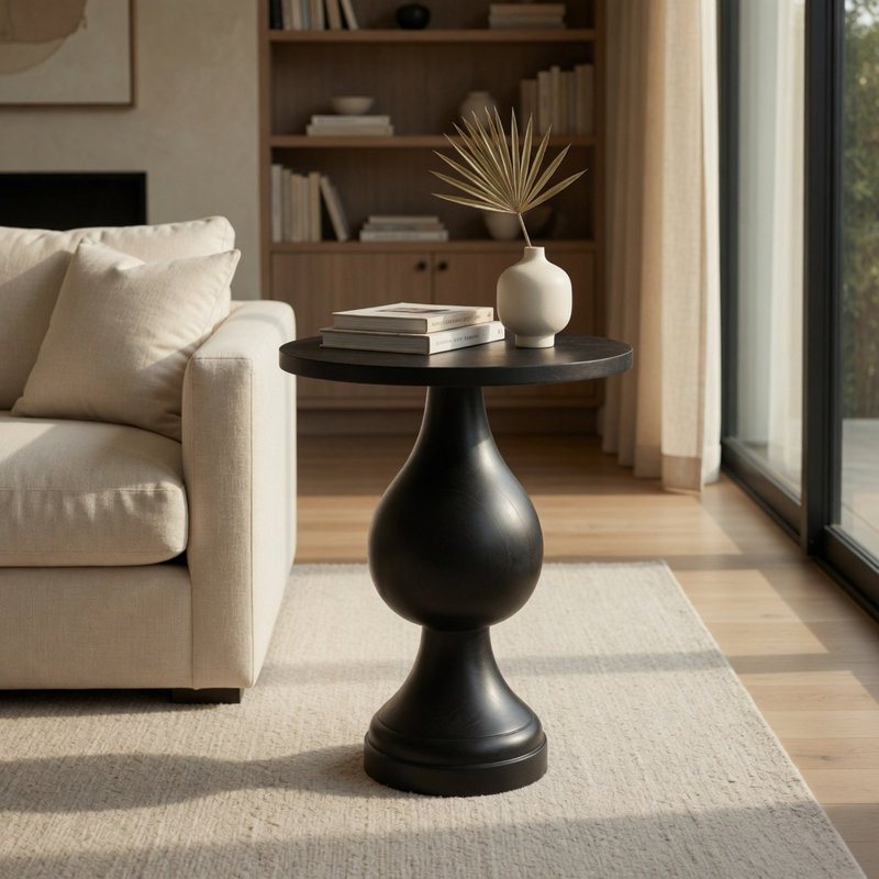 Devrek 24.25'' Tall Pedestal End Table in White Washed, Black