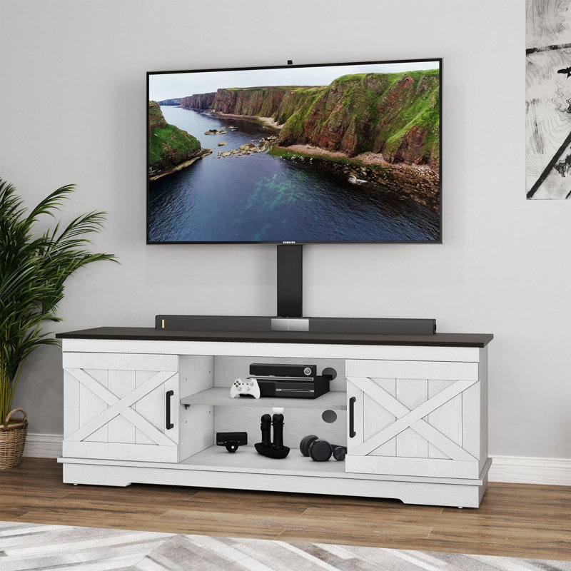 Farmhouse TV Stand With Height Adjustable Mount & 2 Barn-Door Storage Cabinet