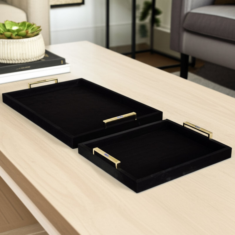 Modern Rectangular Accent Tray With Metallic Handles - Decorative Coffee Table Tray For Home Decor Or Ottoman Styling - Set Of 2, 20", Black