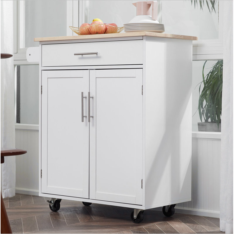 Kitchen Island Cart Rolling Trolley Cart With Drawer, Storage Cabinet & Towel Rack, White