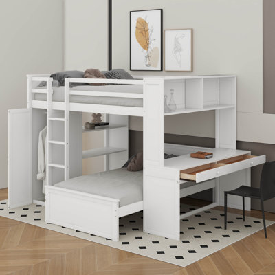 Full Size Loft Bed With Stand-Alone Bed, Shelves,Desk And Wardrobe