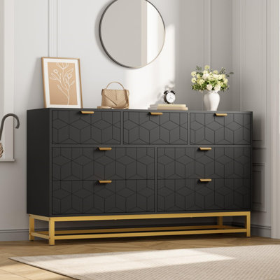 Commode pour chambre à coucher, organisateur de commode de 53,5 po de largeur, 7 tiroirs avec poignée et pieds en métal doré, commode moderne pour placard, couloir, salon, vestibule