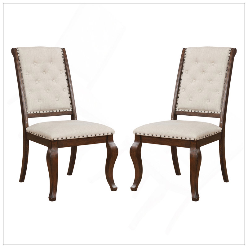 Ensemble de 2 chaises de salle à manger rembourrées en tissu crème avec finition Java antique et dossier capitonné pour un confort élégant