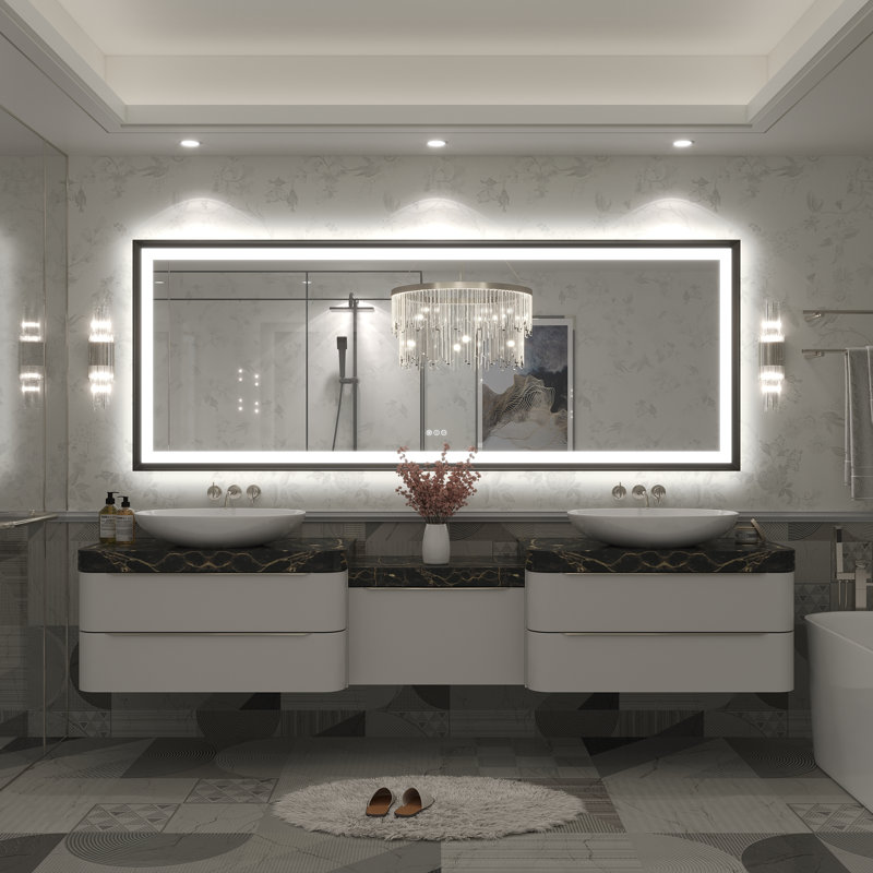 Molly Black Metal Framed LED Front Light and Backlit Anti-Fog Wall Bathroom/ Vanity Mirror, 84" x 32"