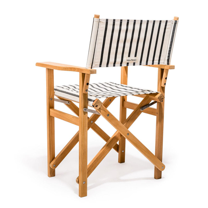 Directors Chair Table, Black/White Striped/Natural Wood