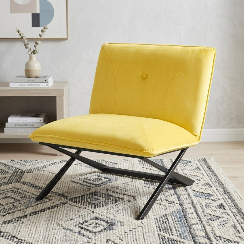 Tufted Velvet Slipper Chair with Metal Cross Base, Yellow Velvet, Black