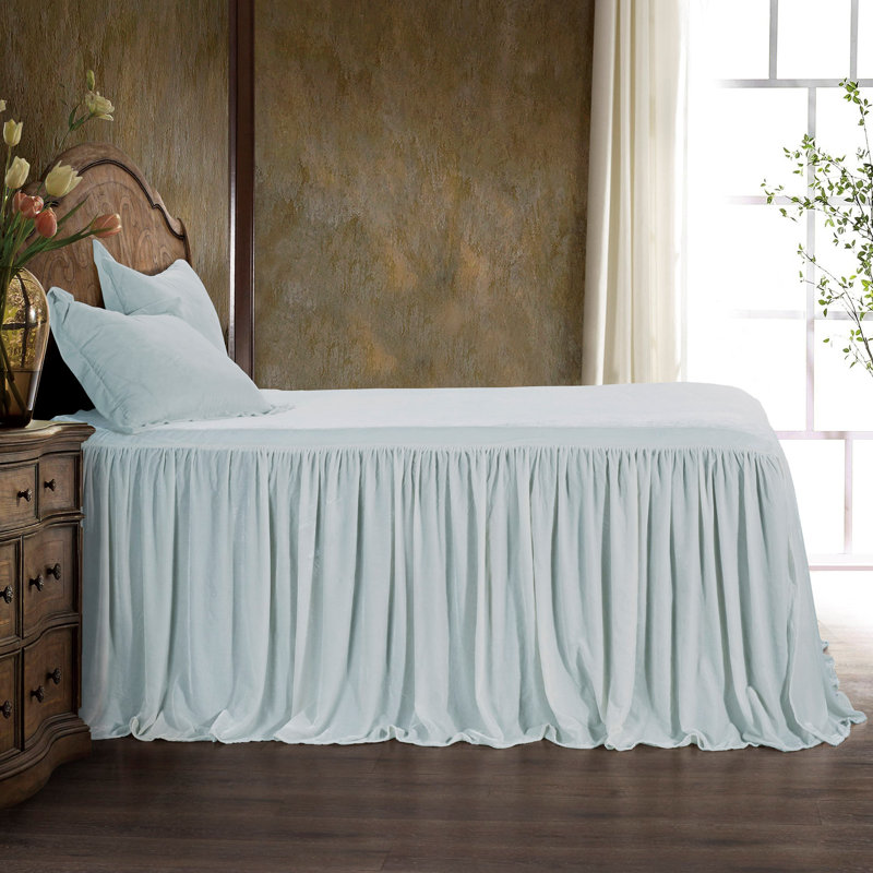 Stella Faux Silk Velvet Romantic Western Ruffle Skirt Bedspread Set, Icy Blue, Twin Bedspread + 1 Standard Sham