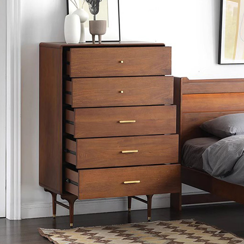 Commode 5 tiroirs Mid-Century, décorations en bois et métal