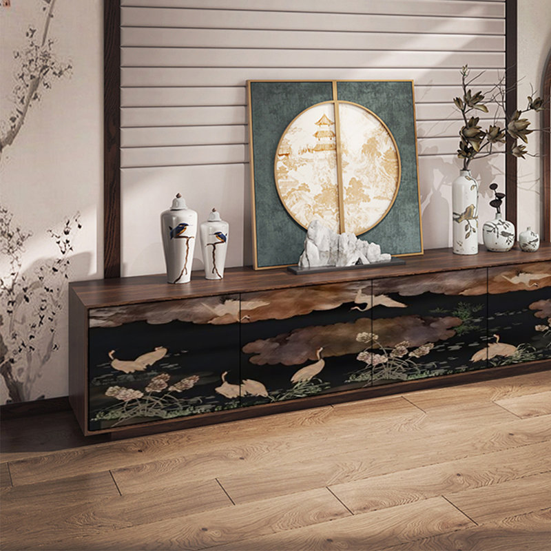 Meuble télé en bois de pin avec beaucoup de rangement, 86.61", Noir / brun