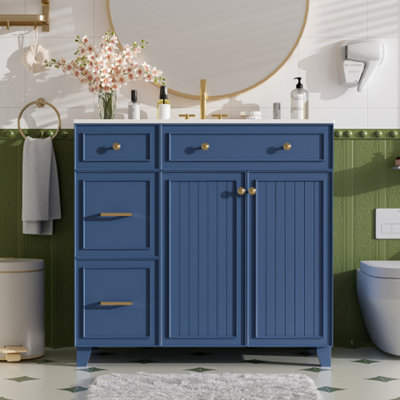 Meuble-lavabo de 36 po avec lavabo en céramique, tiroirs standard et double couche, portes à fermeture en douceur, tablettes réglables, armoire de rangement moderne pour petites et moyennes salles de bain