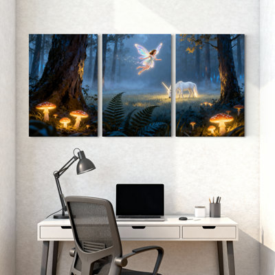 Hiver, forêt, fée, licorne, forêt, champignons, lueur, nuit, lumière magique, ensemble de 3 impressions sur toile