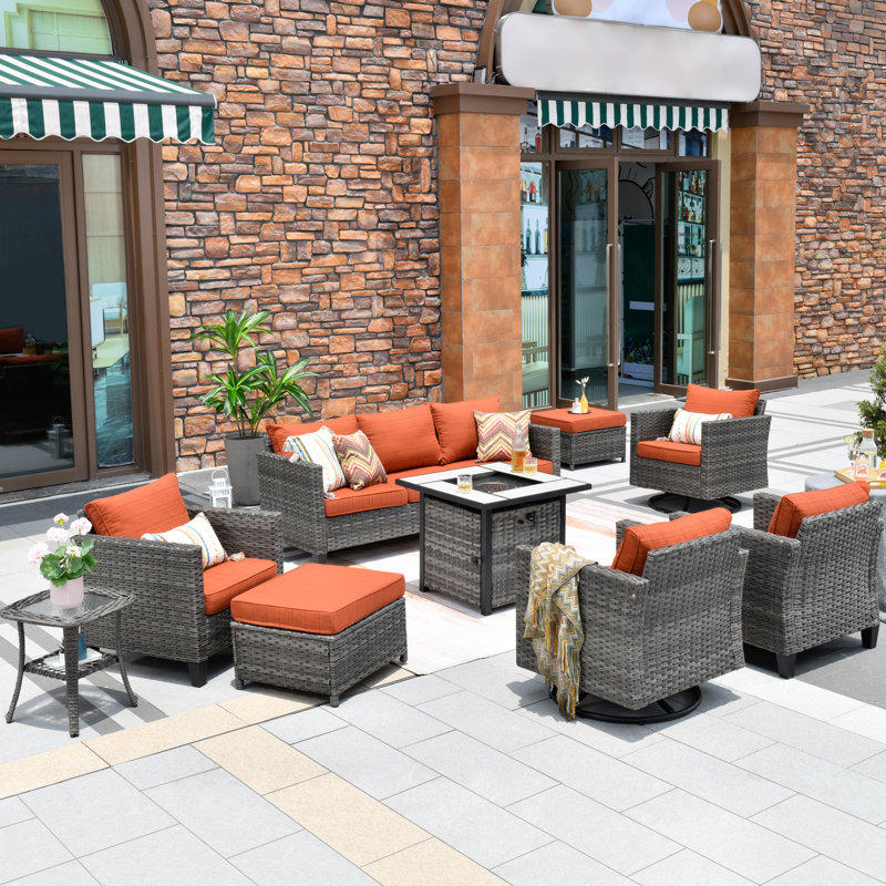 GRST Wicker/Rattan 7-Person Seating Group with Cushions, Orange Red