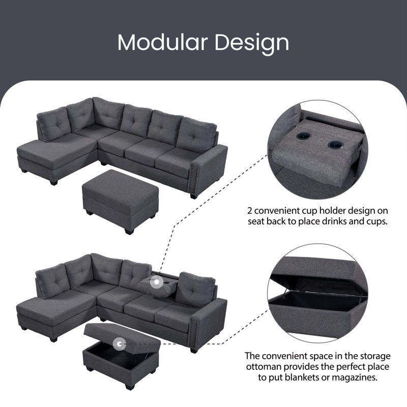 Ishrat Upholstered L-Shaped Sectional with Ottoman Reversible, Gray 100% Linen
