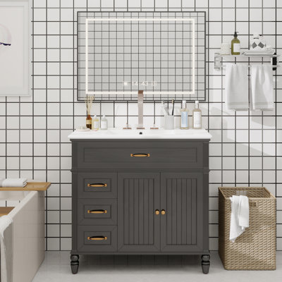 Meuble-lavabo 36 po avec lavabo, armoire de salle de bain noire avec tiroirs, cadre solide et panneau de fibres à densité moyenne, un paquet