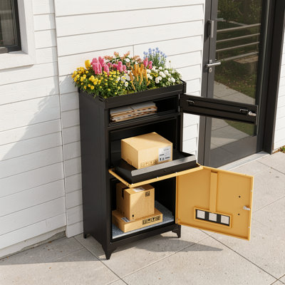 Package Delivery Box Outside, Anti-Theft Large Parcel Drop Box With Key Lock, 42.4" H Package Mailbox, Waterproof Parcel Locker, Detachable Planter Top With Drainage Holes For Porch Or Apartment ﻿