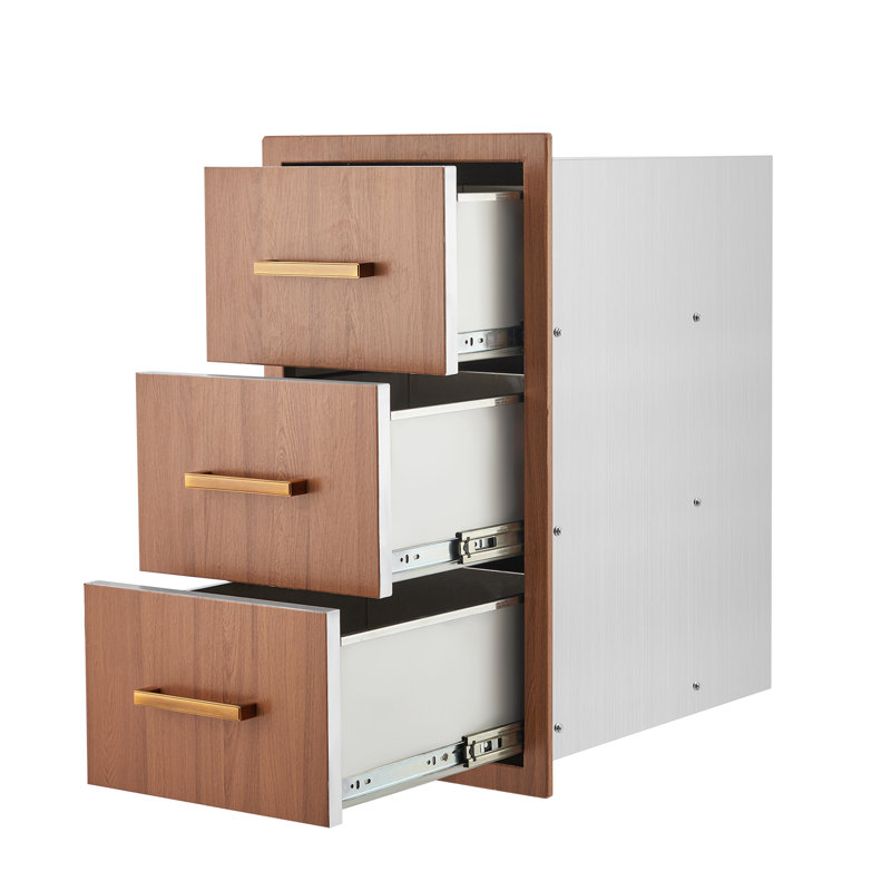 Flush Mount Triple Tier BBQ Drawers with Stainless Steel Handle, Rustproof Storage Drawer for Outdoor Kitchen, BBQ Island and Patio Grill Station